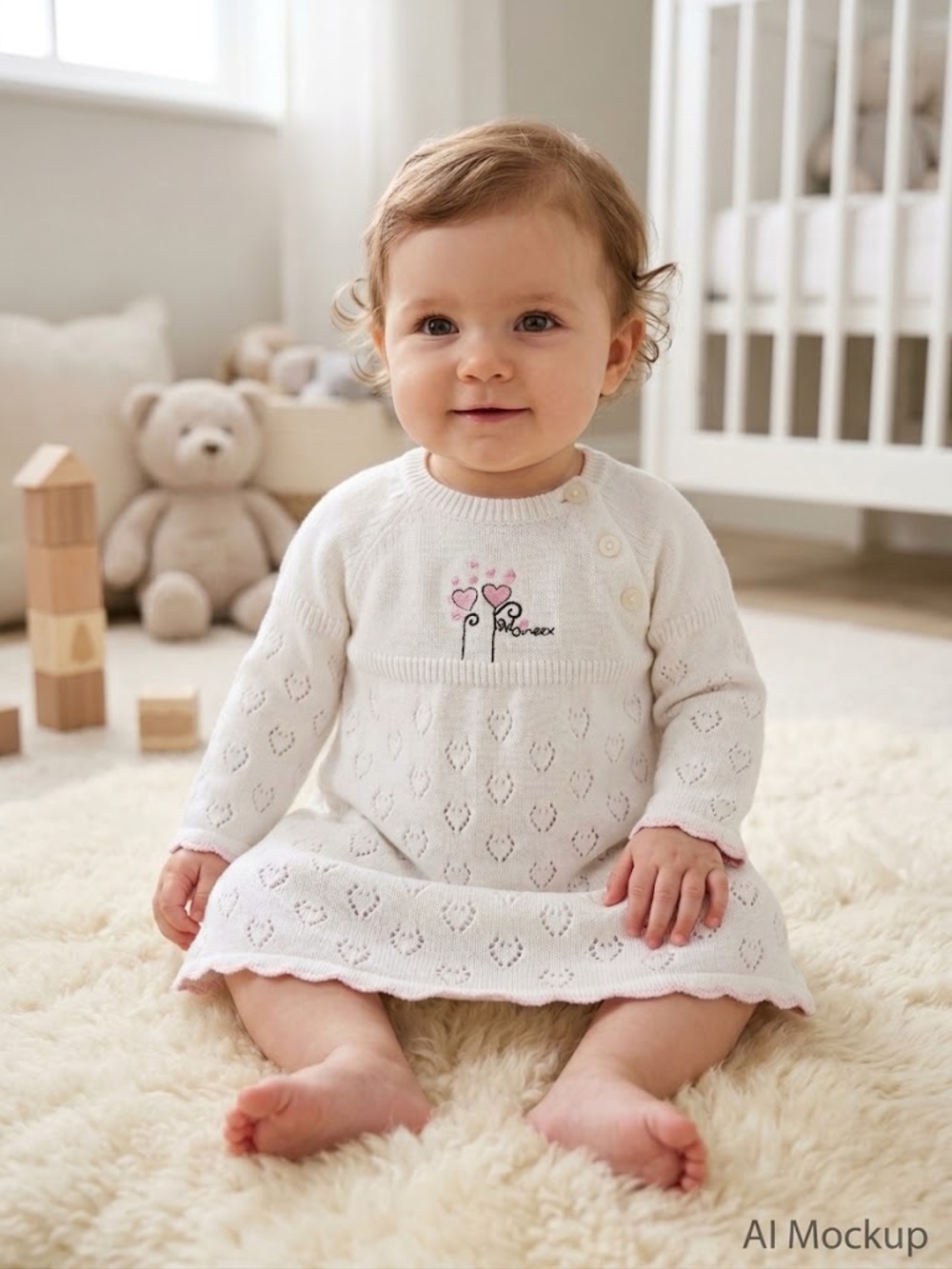 Mexx Baby White Knit Dress with Heart Pattern – 6–9M